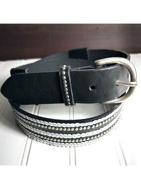 Express Belt M 34-36” x 1.75” Black Leather Silver Tone Sequins Y2K Glam Rocker